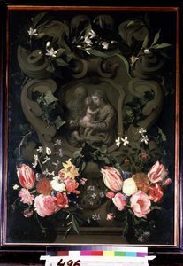 La Virgen y el niño, Santa Isabel y Juan Bautista de niño en una guirnalda de flores. Pintura de Daniel Seghers (1590-1661). Óleo sobre cobre, 84 x 61 cm de Daniel Seghers