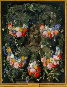 Virgen con corona de flores (óleo sobre lienzo)