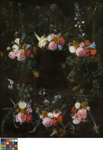 Cartela esculpida adornada con guirnaldas de flores de Daniel Seghers
