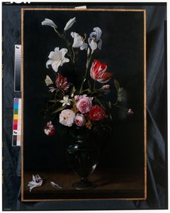 Ramos de rosas, tulipanes, narcisos y otras flores suspendidos de cintas azules (óleo sobre cobre) de Daniel Seghers