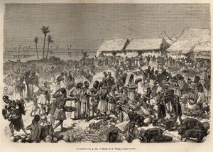 Una marcha muy animada cerca del río Congo, reuniendo a más de tres mil personas, ilustración del último diario de David Livingstone (1813-1873), en 1866-1873, publicado en “Le tour du monde” 1875, editado por Edouard Charton