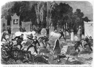 Agonía de la Comuna, últimas luchas en el Cementerio de Père Lachaise, grabado por Louis Joseph Amedee Daudenarde (d.1907) ilustración de 