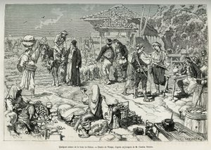 Algunas escenas comunes de la feria de Salone (Croacia), venta de frutas, verduras, aves y corderos, así como mesas dispuestas para refrescarse. Grabado según el dibujo de Virgo, para ilustrar el viaje a Dalmacia, por Charles Yriarte, en 1874, publicado en de Daniel Urrabieta Vierge