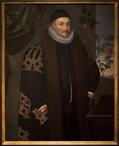 Guillermo (Willem o William) de Orange (1533-1584). Guillaume de Nassau, príncipe de Orange, conocido como Guillaume el taciturno, fundador de Orange Nassau, descrito frente a la ciudad de Delft (Países Bajos). En el siglo XVII, un naranjo, símbolo de la f de Daniël van den Queborn