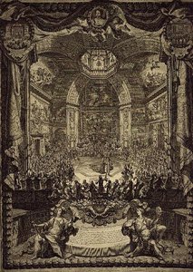 El Gran Banquete de S.A.R. la Princesa de Orange, celebrado en diciembre de 1686 en el Salon du Bois en La Haya, en honor del cumpleaños del Príncipe de Orange (grabado) de Daniel the Elder Marot