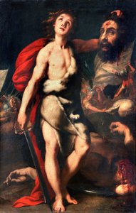 David vencedor del gigante Goliat sostiene su cabeza con la mano Pintura de Daniele Crespi (1598-1630) 1623 Palazzo Borromeo, Isola Bella, Stresa Italia