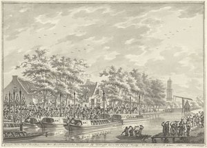 Llegada de los Amsterdammers a Utrecht, 1787 Vista De La Llegada De Los Ciudadanos De Amsterdam En Utregt En De Rooy Brug. Después de Den Dom para ver. 1787. (título sobre objeto) de Daniël Kerkhoff