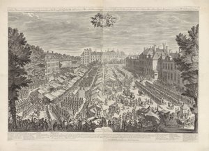 Feria de La Haya con el Príncipe y la Princesa de Orange, 1686 La feria de La Haya con el cartel de hamburguesas en ascenso presentando a sus Altezas Reales mi señor el príncipe y la señora princesa de Orange / Foire de la Haye, avec les bourgois sous les  de Daniël Marot (I)