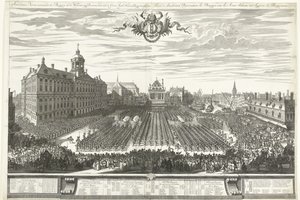 Pistoleros en la Plaza Dam durante la Feria de Amsterdam, 1686 Feria de Ámsterdam que muestra la hamburguesa en las armas, sig Presentando aaen de Groot Agtb: Heeren Burgermeesteren (título sobre el objeto) Foire d