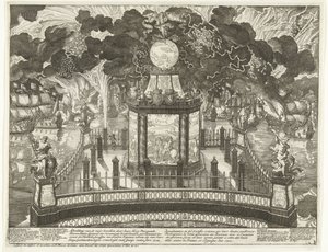 Fuegos artificiales en el Hofvijver en celebración de la victoria en Vigo, 1702 Representaciones de los fuegos artificiales de Her Hoog Moogde Heeren Staten General der Vereenigde Neederlanden ordenados para el uso de los éxitos de Heerlicke de otras armas de Daniël Marot (I)