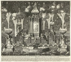 Fuegos artificiales en la celebración del Tratado de Utrecht, 1713 Imagen del teatro con ornamentos syn y fuegos artificiales constigh, erigido por ordere van Haar Ed. Groot Mog: el Heeren Staten van Holland y West Vriesland (...) en La Haya, en el vyver ( de Daniël Stopendaal