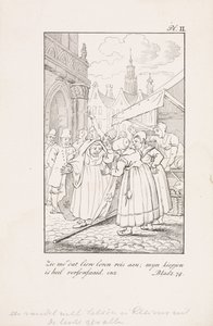 Mujeres en un puesto de mercado con una bandera con lirios franceses Banner con lirios en Reims caídos del cielo Mírame que dulce viaje de vida; mi pollo está muy despeinado, etc. (título sobre el objeto)
