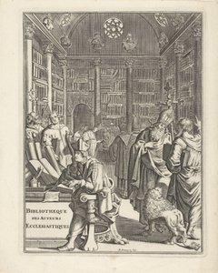 Interior de la biblioteca con el clero Página de título para: Bibliotheque des Authors Ecclesiastiques, sin año