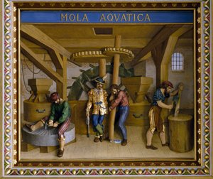 Construcción de rueda de molienda acuática, techo del Salón de los Caballeros de Danish School