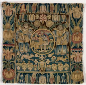 Funda de cojín de tapiz que representa a Sansón matando al león, hecha en Schleswig-Holstein, Dinamarca, c.1615 (lana) de Danish School