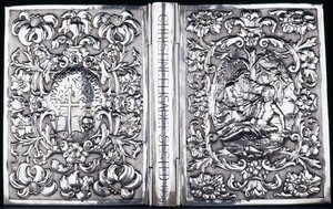 Cubierta superior e inferior del libro con follaje y una imagen del Buen Samaritano, 1740 de Danish School