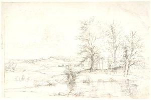 Vista sobre un paisaje boscoso y montañoso. En primer plano un lago de Dankvart Dreyer