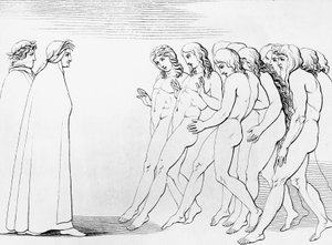 Las almas se sobresaltan al ver que Dante está vivo, ilustración para el 3er canto del Purgatorio, Divina Comedia, poema alegórico de Dante Alighieri (1265-1321) de Dante Alighieri