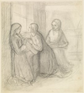 (Posiblemente) Santa Isabel de Hungría arrodillada con sus compañeras Isentrudis y Guta de Dante Gabriel Charles Rossetti