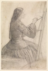 Elizabeth Siddal sentada en un caballete, pintando, 1854-55 circa de Dante Gabriel Charles Rossetti