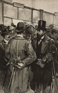 Mostradores bancarios durante el escándalo del Banco Romano (Banca Romana), Roma, Italia, grabado según dibujo de Dante Paolocci, de L