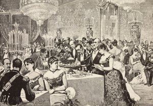 Sala del bufé, Baile de Corte en el Quirinale, Roma, Italia, grabado a partir de un dibujo de Dante Paolocci, de L