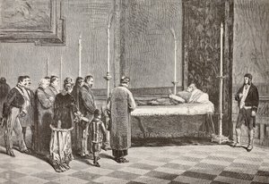 El cuerpo del cardenal Giacomo Antonelli yace en una de las salas del Vaticano, grabado a partir de un dibujo de Dante Paolocci de L