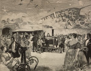 Fiesta de carnaval en el Club Artístico Internacional (Circolo Artistico) de Roma, Italia, grabado según dibujo de Dante Paolocci, de L