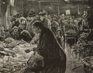 Mercado de Navidad en Roma, Italia, grabado según dibujo de Dante Paolocci, de L