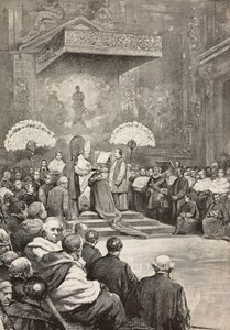 Consistorio del 13 de noviembre, el Papa León XIII donde creó nuevos cardenales, Vaticano, grabado a partir de un dibujo de Dante Paolocci, de L