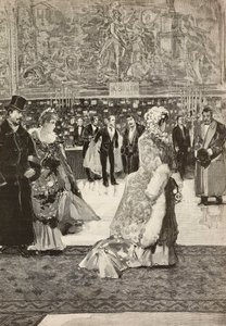 Salón de los coraceros en el Quirinal durante la fiesta, Roma, Italia, grabado de Francesco Giovanni Cantagalli a partir de un dibujo de Dante Paolocci, de L