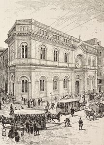 Iglesia evangélica en Via Nazionale, Roma, Italia, grabado a partir de un dibujo de Dante Paolocci, de L