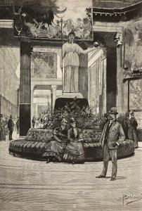 Exposición de tejidos y encajes, Galería Rotonda y Tejidos, Roma, Italia, grabado a partir de un dibujo de Dante Paolocci, de L
