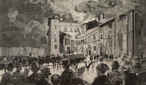 Incendio de las escuelas israelíes de 1893, Roma, Italia, grabado según dibujo de Dante Paolocci, de L