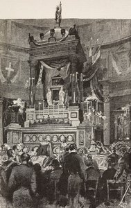 Políticos y oficiales italianos asisten a la ceremonia fúnebre de Víctor Manuel II (1820-1878), rey de Italia, Roma, Italia, grabado a partir de un dibujo de Dante Paolocci, de L