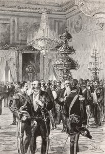 Políticos y oficiales italianos celebrando la Nochevieja en el Palacio del Quirinal, Roma, Italia, grabado de Centenari a partir de un dibujo de Dante Paolocci, de L