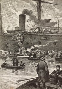 Soldados italianos a bordo del acorazado Principe Amedeo, expedición italiana en el Mar Rojo, Nápoles, Italia, grabado a partir de un dibujo de Dante Paolocci, de L