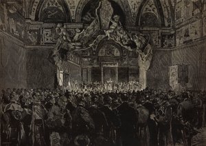 León XIII recibiendo a peregrinos franceses en la Sala Ducal, Jubileo Papal, Vaticano, grabado a partir de un dibujo de Dante Paolocci, de L