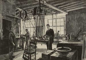 Taller mecánico en la ceca de Roma, Italia, grabado según dibujo de Dante Paolocci, de L