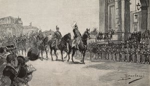 Desfile militar en Macao con motivo del cumpleaños del Rey Umberto I, 14 de marzo