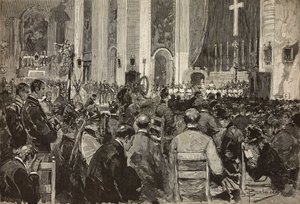 Exequias de difuntos en Dogali en la iglesia de Sant Andrea della Valle, Roma, grabado a partir de un dibujo de Dante Paolocci, de L