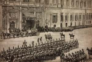 Apertura del Parlamento, llegada del rey Umberto I a Montecitorio, Roma, Italia, grabado a partir de un dibujo de Dante Paolocci, L