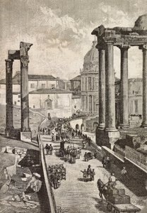 Pasaje a través del Foro, Roma, Italia, grabado a partir de un dibujo de Dante Paolocci, de L