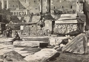 Plataformas en el Foro Romano, Roma, Italia, grabado a partir de un dibujo de Dante Paolocci, de L