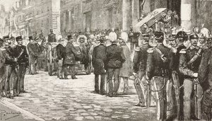 Políticos y oficiales asisten al cortejo fúnebre de Luigi Mezzacapo (1814-1885), político y oficial italiano, Roma, Italia, grabado a partir de un dibujo de Dante Paolocci, de L