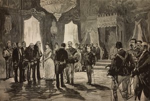 Príncipe de Nápoles, Alfonso Maria Giuseppe Alberto de Borbón-Dos Sicilias en uniforme de subteniente, en la recepción de Año Nuevo en Quirinal, Italia, grabado a partir de un dibujo de Dante Paolocci, de L