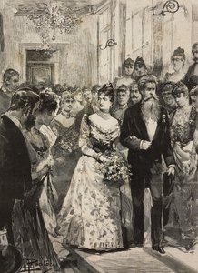 La reina Margarita de Saboya en la fiesta del Club Artístico (Circolo Artistico) de Roma, acompañada por el escultor Giulio Monteverde, Italia, grabado según dibujo de Dante Paolocci, de L