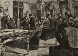 Sala de lectura del Palacio Montecitorio, Roma, Italia, grabado según dibujo de Dante Paolocci, de L