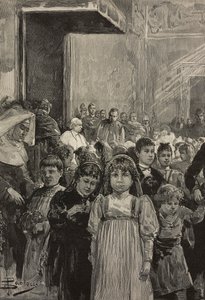 Recepción de niños en las celebraciones jubilares del Papa León XIII, Vaticano, grabado según dibujo de Dante Paolocci, de L
