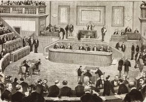 Sesión del 26 de julio del Senado italiano, Roma, Italia, grabado a partir de un dibujo de Dante Paolocci, L
